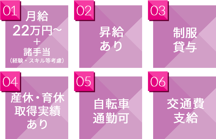 月給22万円〜+諸手当（経験・スキル等考慮）、昇給あり、制服貸与、産休・育休取得実績あり、自転車通勤可、交通費支給